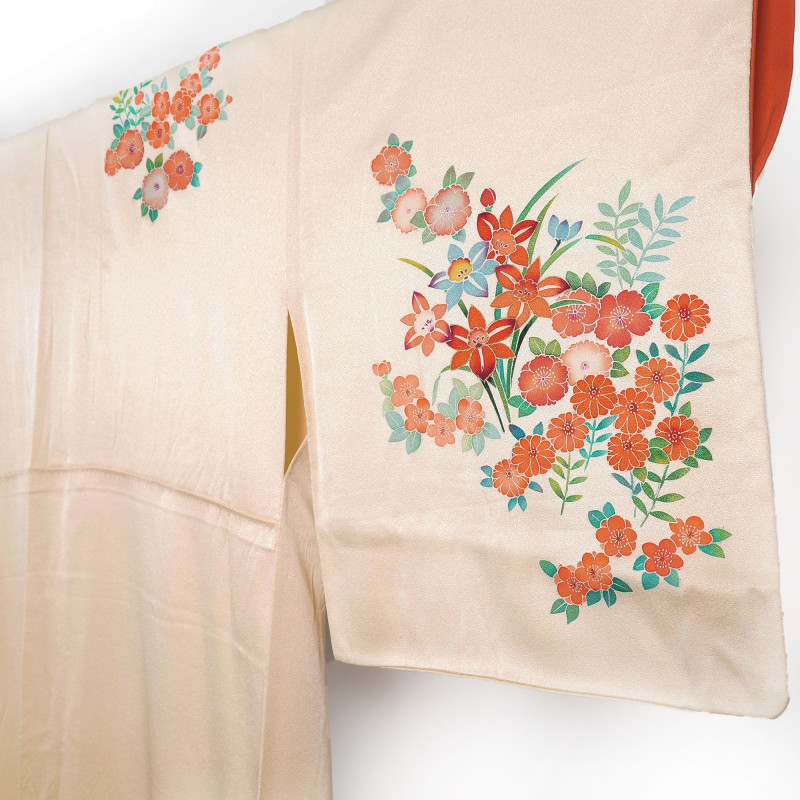 Vintage beige satin japanese kimono, flowers design, ORENJI