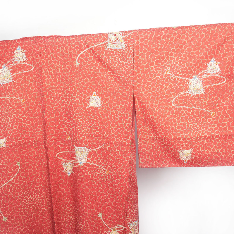 Roter japanischer Vintage-Kimono mit Ziegelstein- und Laternenmotiven, RANTAN