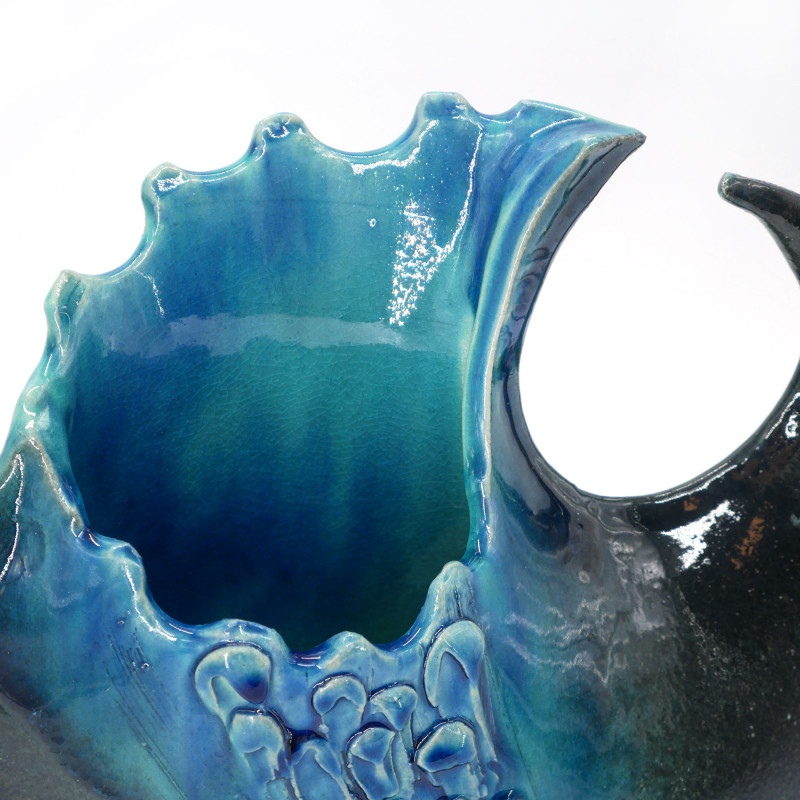 Japanische Ikebana-Vase aus Keramik, Wellenbewegung, blau und schwarz, SHIGARAKIYAKI