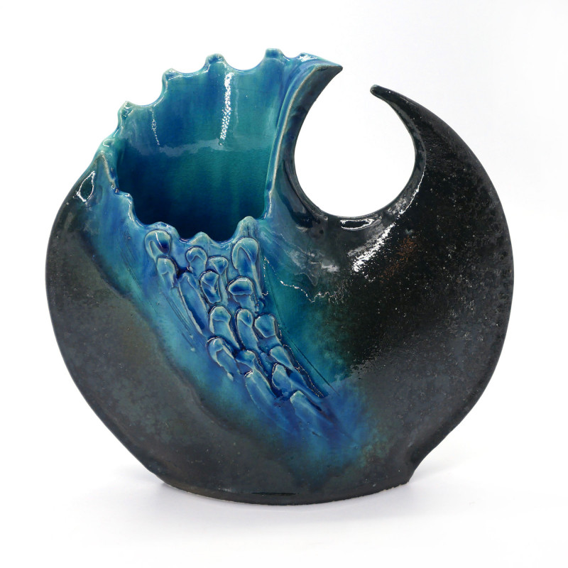 Japanische Ikebana-Vase aus Keramik, Wellenbewegung, blau und schwarz, SHIGARAKIYAKI