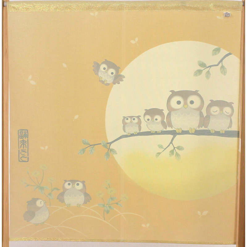 cortina amarilla de algodón japonés, SHICHI FUKUNEKO, manekineko