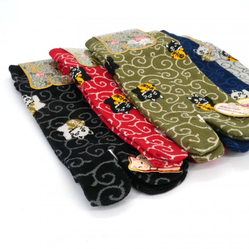 Japanische Tabi-Socken aus Baumwolle mit schwarzem Katzenmuster, KURO NEKO, Farbe Ihrer Wahl, 22-25 cm