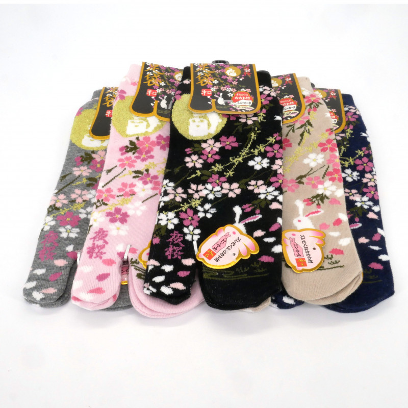 Calzini tabi in cotone giapponese con motivo floreale e coniglio, KYANDI, colore a scelta, 22 - 25 cm