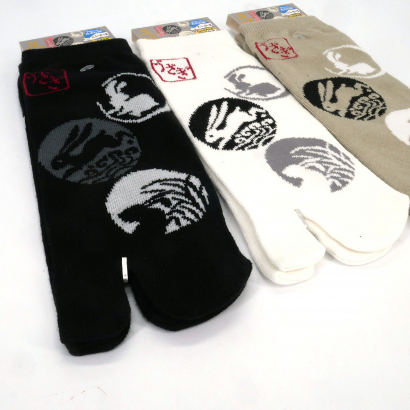 Japanese cotton tabi socks with running rabbit pattern, USAGI HASHIRU, color of your choice, 25-28 cm