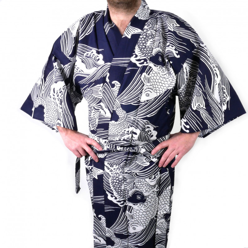 happi kimono japonés de algodón azul, KOI, carpa