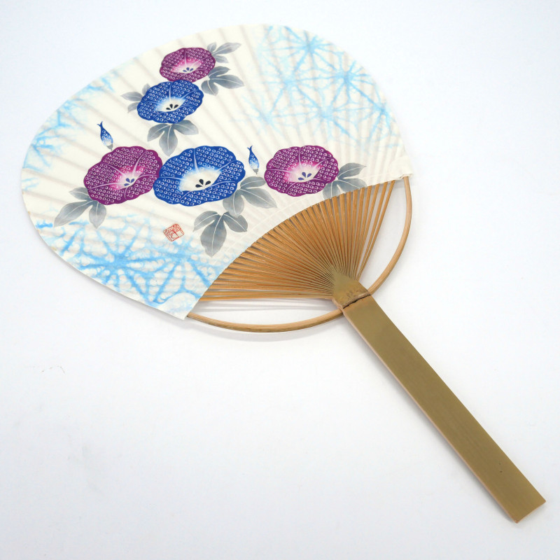 Abanico uchiwa japonés no plegable en papel y bambú Motivo Bindweed, HIRUGAO, 38x24,5 cm
