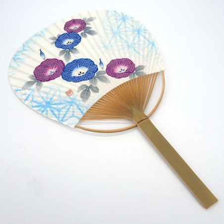 Abanico uchiwa japonés no plegable en papel y bambú Motivo Bindweed, HIRUGAO, 38x24,5 cm