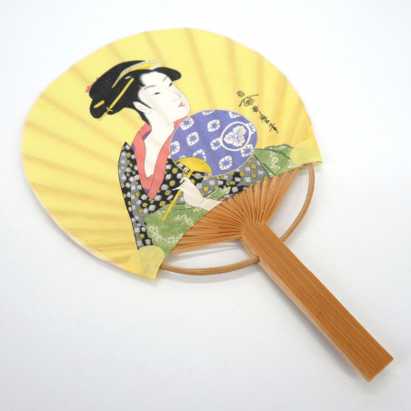 Japanischer nicht faltbarer Uchiwa-Fächer aus Papier und Bambus, Utamaro Ohisa-Muster, 17,5 x 11,5 cm