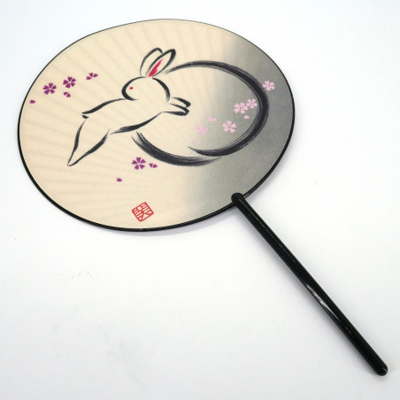 Japanischer nicht faltbarer Uchiwa-Fächer aus Papier und Bambus mit Kaninchen- und Sakura-Blumenmuster, USAGI SAKURA, 38,8 x 24,