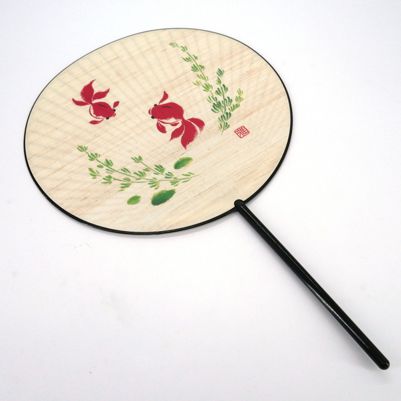 Japanese non-folding uchiwa fan in paper and plastic, Goldfish pattern, KINGYO, 38.8 x 24.3 cm