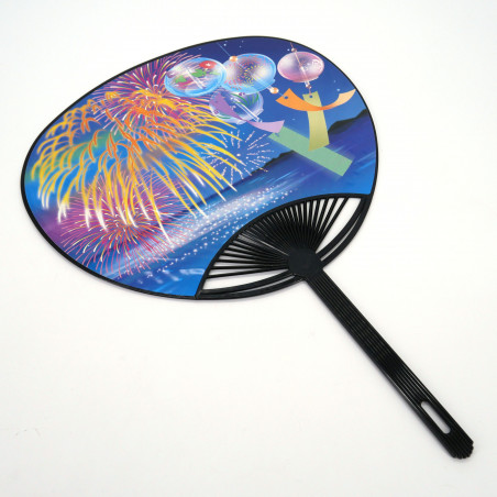 Éventail japonais non pliant uchiwa en papier et plastique motif Firework, HANABI, 34,5x24.3 cm