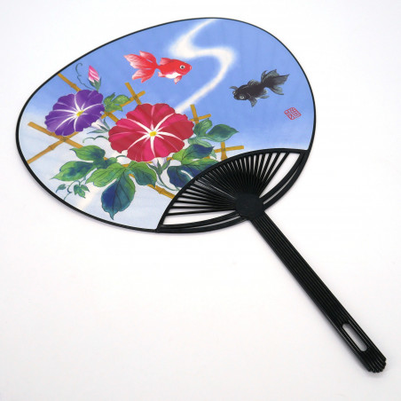 Éventail japonais non pliant uchiwa en papier et plastique motif Morning Glory, ASAGAO, 34,5x24.3 cm