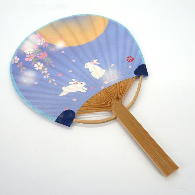 Petit Éventail japonais non pliant uchiwa en papier et bamboo motif lapin, USAGI, 17.5cm