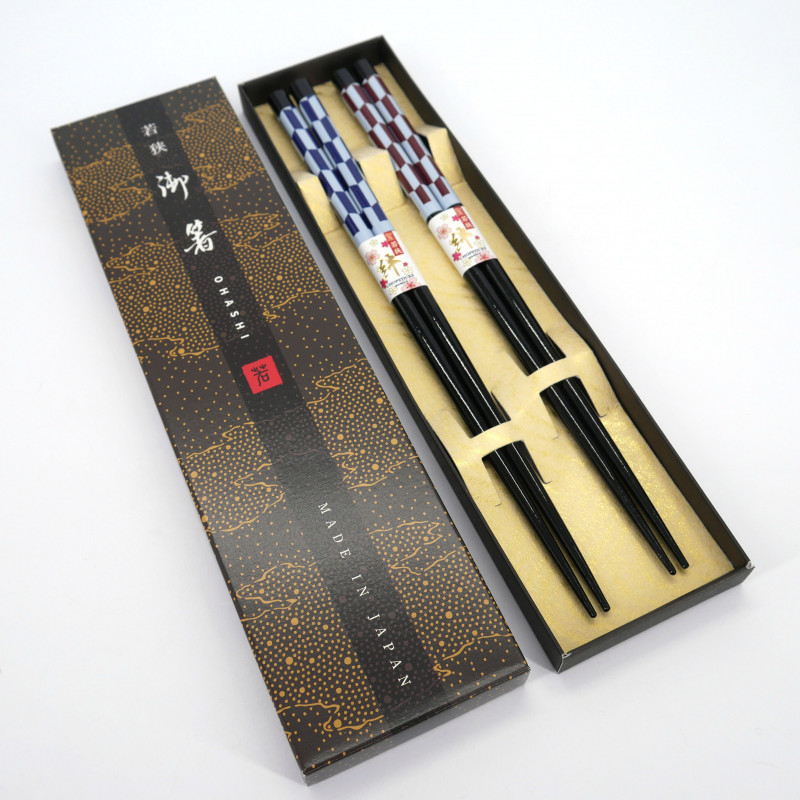 Set de 2 paires de baguettes japonaises motif carreau rouge et noir,YABANE , 23cm