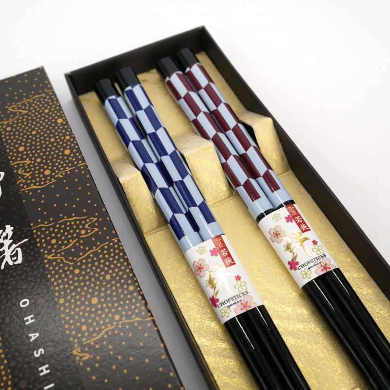 Set de 2 paires de baguettes japonaises motif carreau rouge et noir,YABANE , 23cm