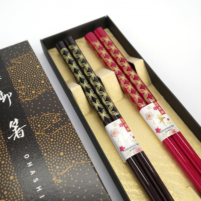 Set of 2 pairs of red and black Japanese chopsticks, SHIPPO, 23cm