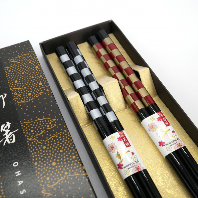 Set de 2 paires de baguettes japonaises rouge et noir, MOYO , 23cm