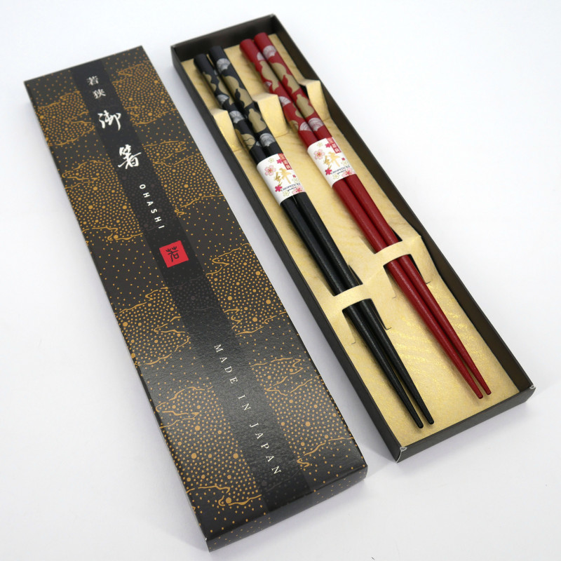 Set de 2 paires de baguettes japonaises motif éventail rouge et noir,FAN , 23cm