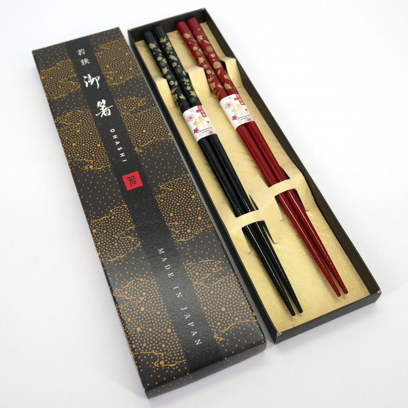 Set of 2 pairs of red and black Japanese chopsticks, KAME ZUGAIKOTSU, 23cm