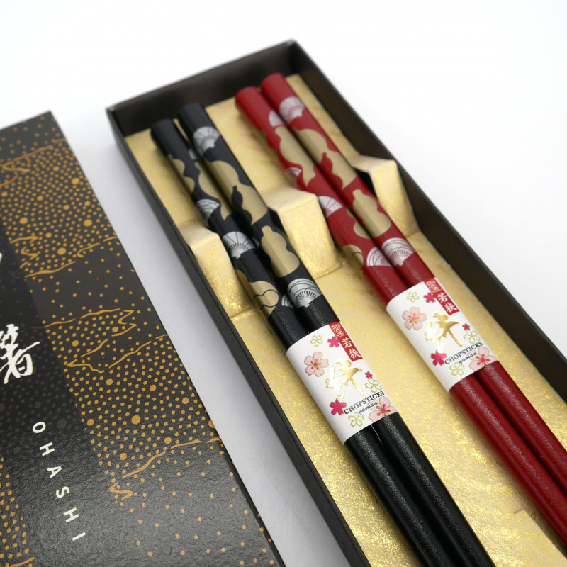 Juego de 2 pares de palillos japoneses con estampado de abanico rojo y negro, FAN, 23cm