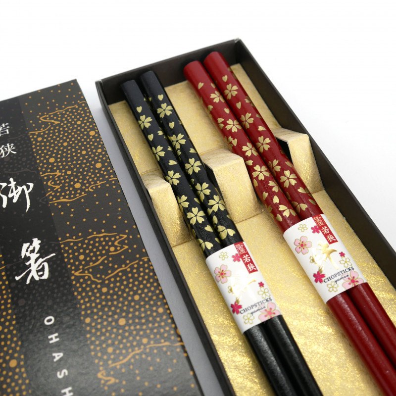 Set of 2 pairs of red and black Japanese chopsticks, AKAI HANA, 23cm