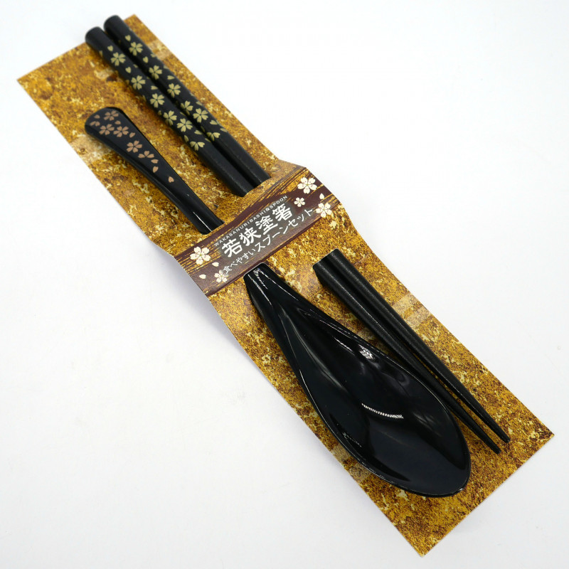 Paar passende Essstäbchen und Löffel aus schwarzem Acryl und Kunstharz, HANA