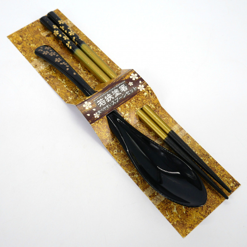 Coppia di bacchette e cucchiaini abbinati in acrilico nero e resina, SAKURA