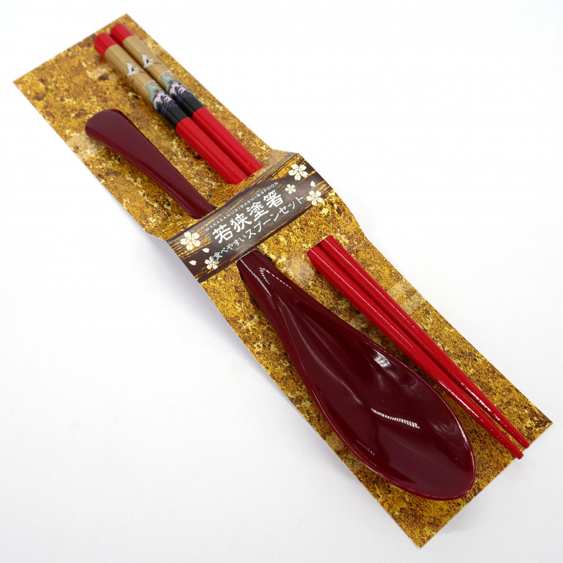 Ensemble paire de baguettes  et cuillère en acrylique et résine rouge assortis, ZUGAIKOTSU AKA