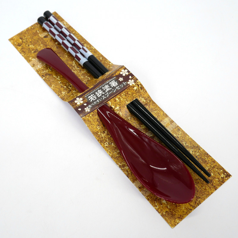 Set par de palillos y cuchara en resina acrílica y roja surtida, YAGASURI AKA