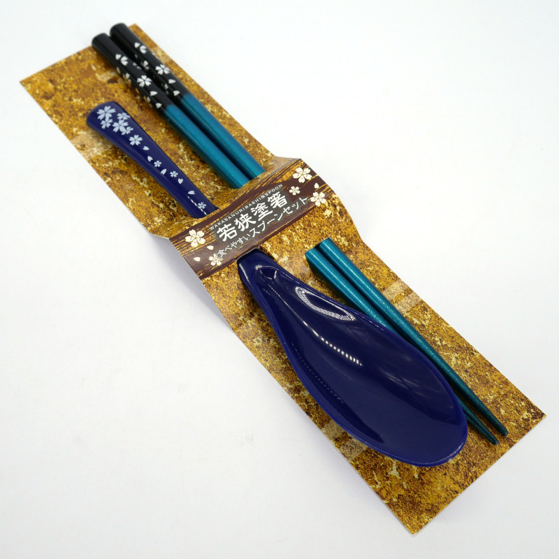 Set pair of chopsticks and spoon in assorted acrylic and blue resin, Cherry Blossom, SAKURA NO HANA AOI