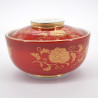 Ciotola in ceramica giapponese con coperchio, AKAMAKI KARAKUSA, rosso e oro
