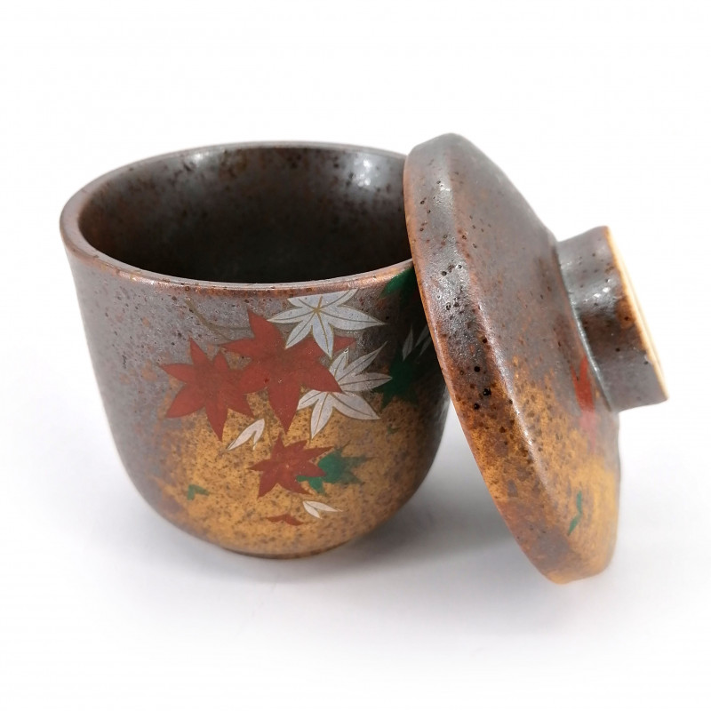 taza de té japonés con tapa de ceramica hojas de otoño, MOMIJI, castaño