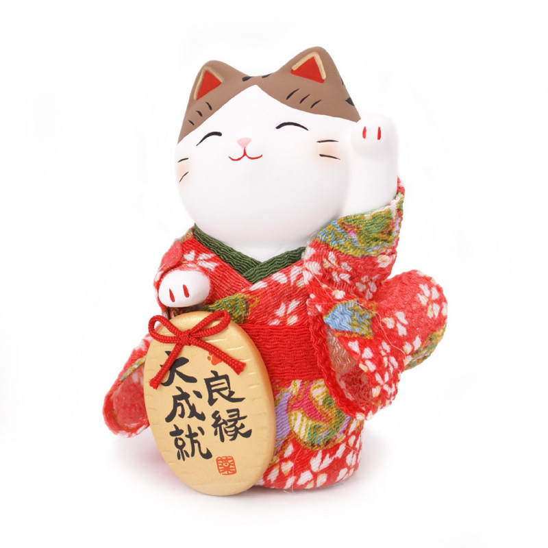 chat porte-bonheur japonais Manekineko kimono en céramique 7419