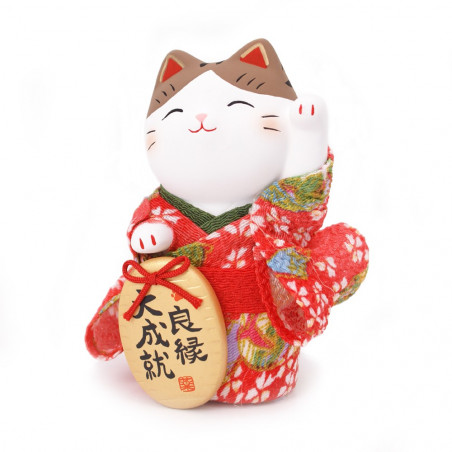 chat porte-bonheur manekineko japonais en céramique, KIMONO, jaune