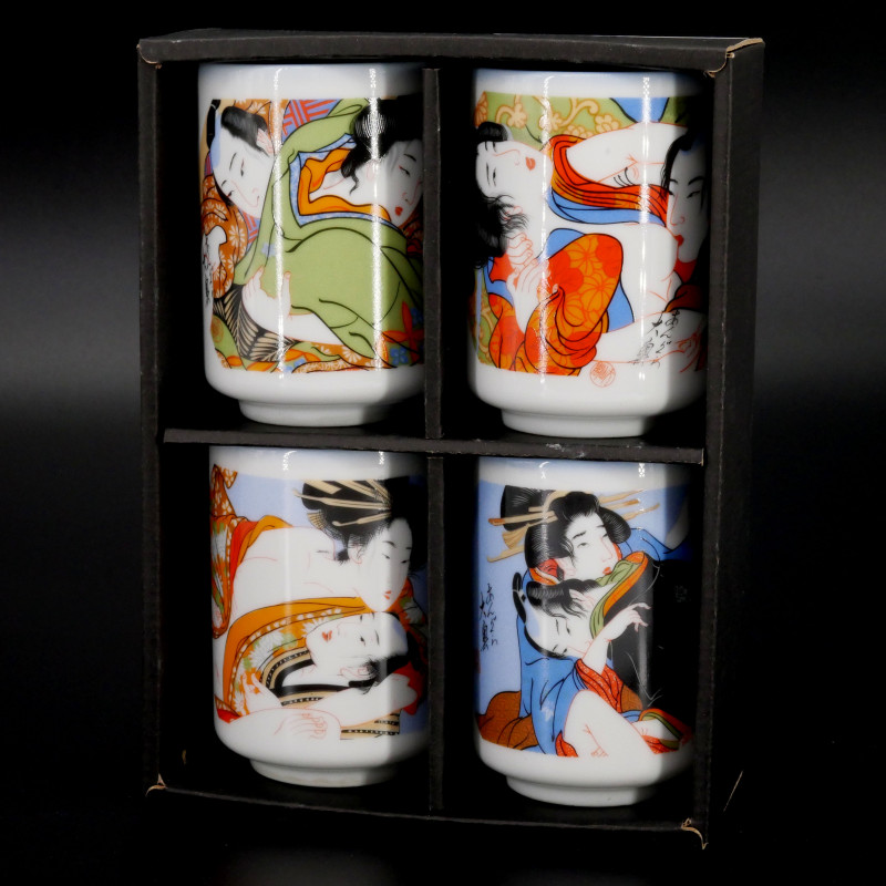 Set aus 4 japanischen Keramiktassen, Erotische Drucke, EROCHIKKU