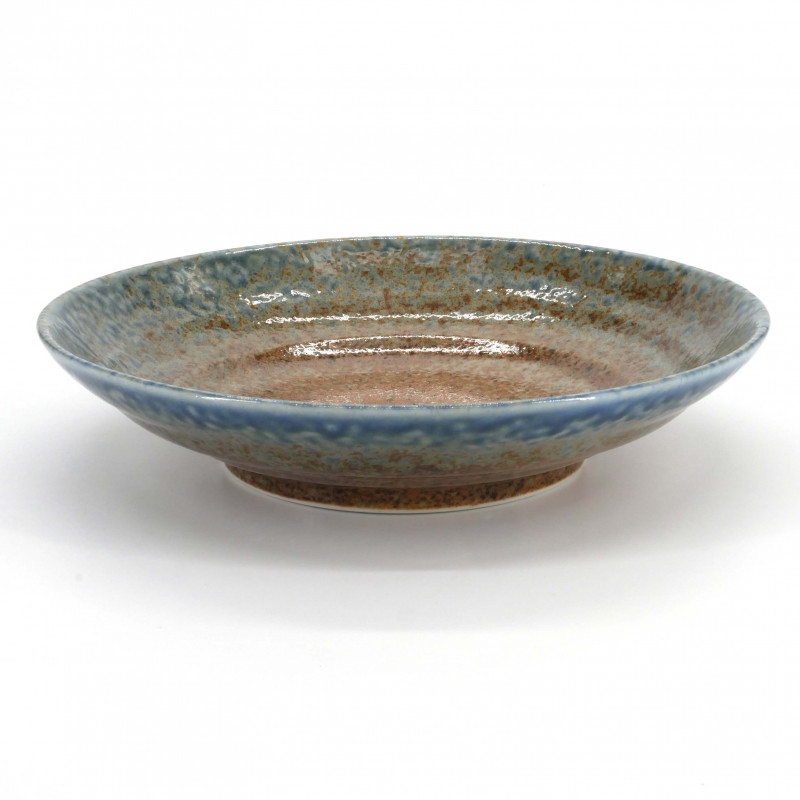 Japanischer runder Keramikteller, braun und blau, CHAIRO AOI