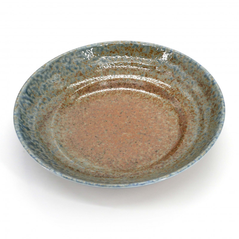 Japanese round ceramic plate, brown and blue, CHAIRO AOI