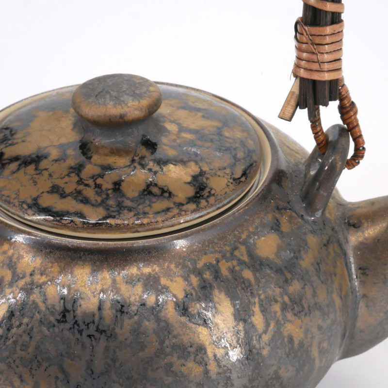 Théière japonaise en céramique marron avec anse effet bronze