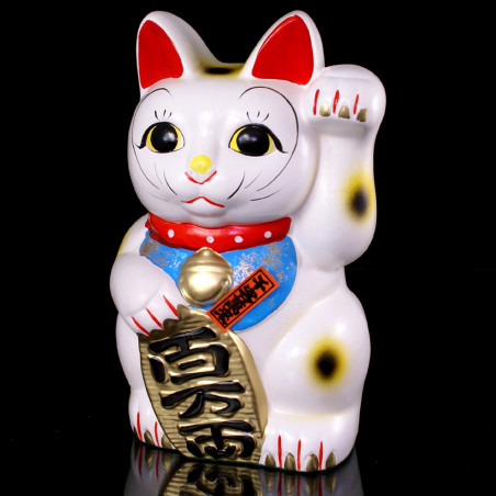 Chat porte-bonheur japonais manekineko blanc et noir en céramique, BUCHI, 6  cm