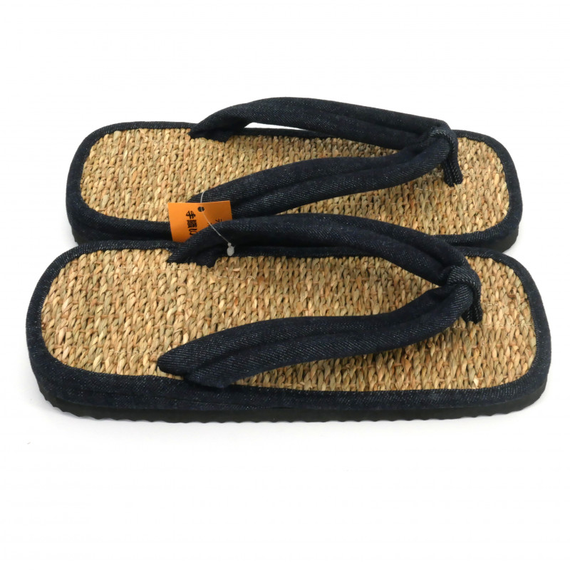 pair of Japanese sandals zori seagrass, DENIM