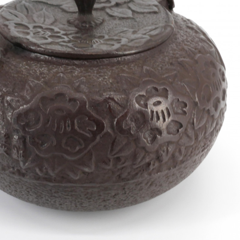 Hervidor japonés de hierro fundido marrón con estampado de flores, FURAWAZU, 1,6 L