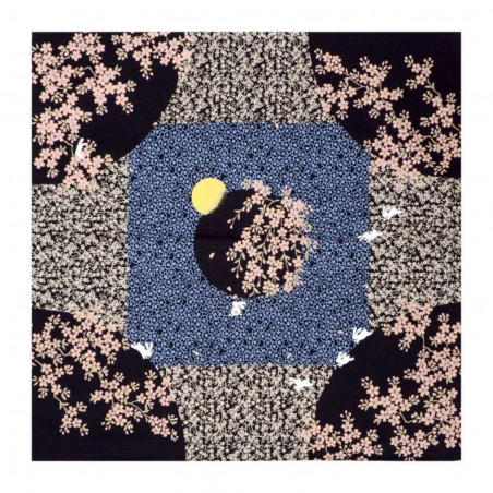 Furoshiki in schwarzem japanischem Baumwollkaninchen und Blumen, USAGI, 50 x 50 cm