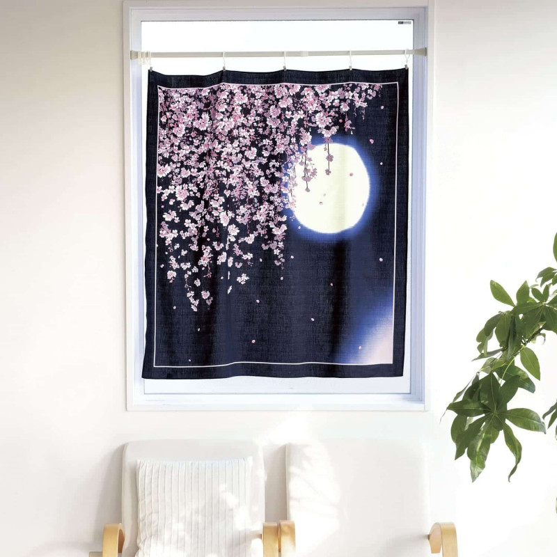 Furoshiki in Japanese cotton midnight blue moon and cherry trees, SAKURATSUKI, 50 x 50 cm