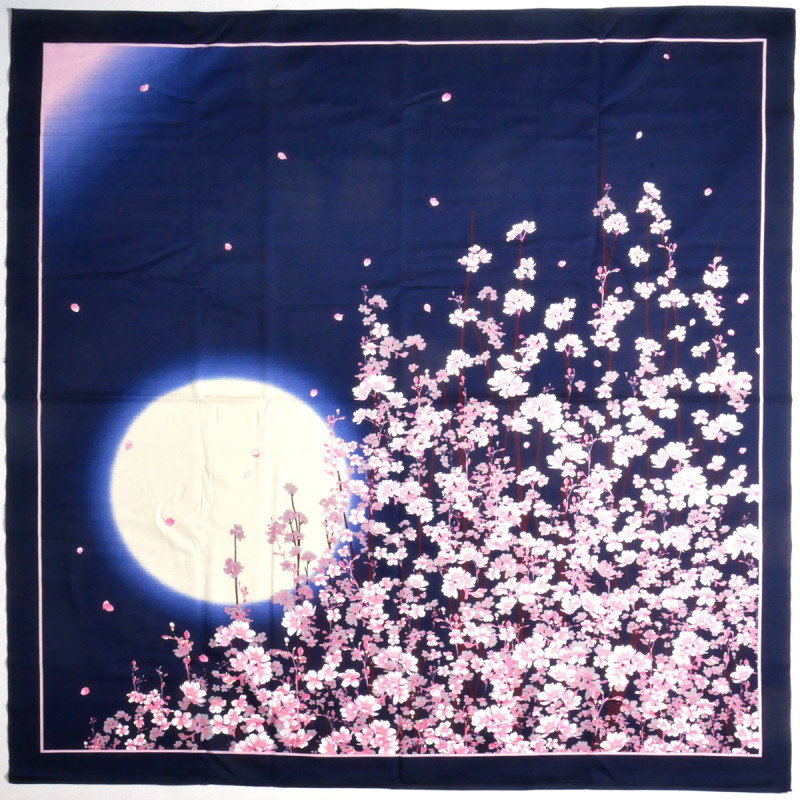 Furoshiki in Japanese cotton midnight blue moon and cherry trees, SAKURATSUKI, 50 x 50 cm