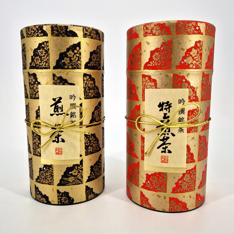 Duo aus roten und schwarzen japanischen Teedosen, bedeckt mit Washi-Papier,  TENPAKU , 200 g
