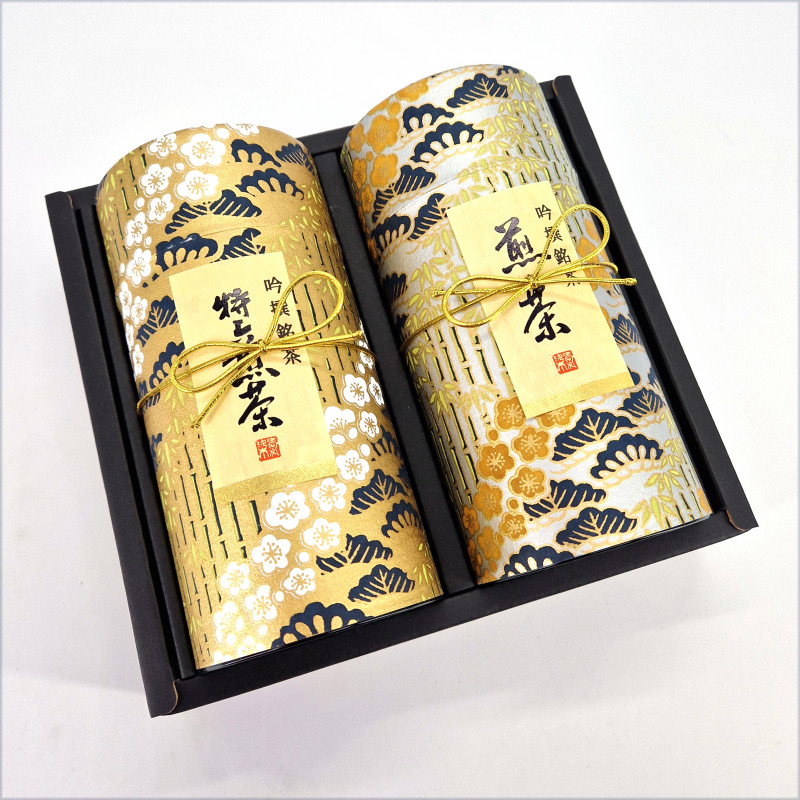 Duo di barattoli da tè giapponesi in oro e argento ricoperti di carta washi, TAKESHIRABE, 200 g