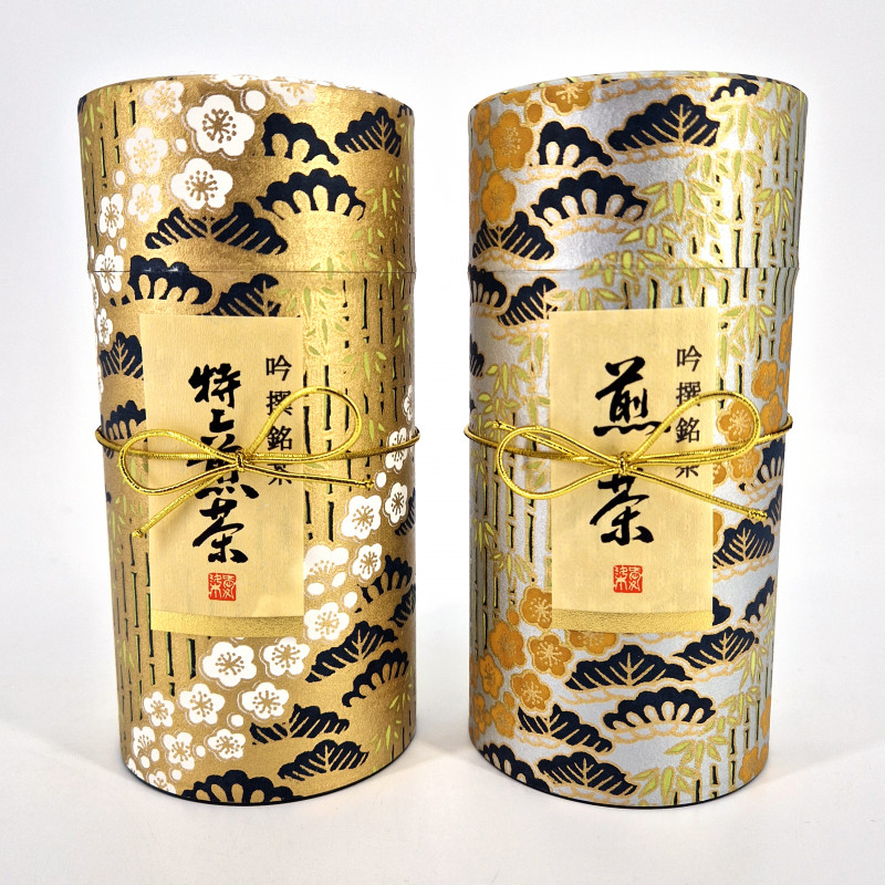 Duo de boîtes à thé japonaises dorée et argentée recouvertes de papier washi, TAKESHIRABE, 200 g