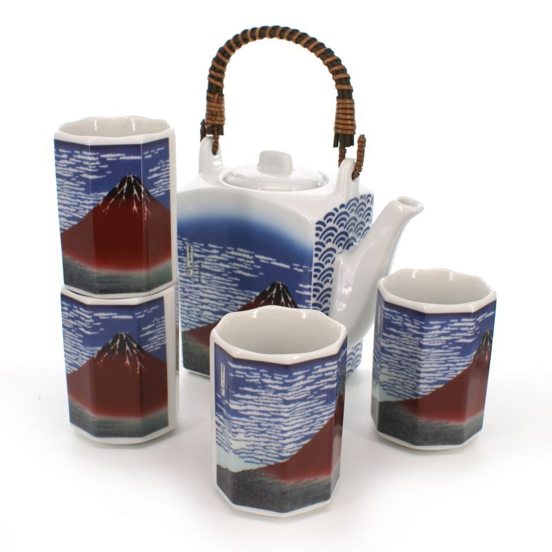 Japanese tea set - 1 teapot and 4 cups, GAIFÛKAISEI, mount fuji