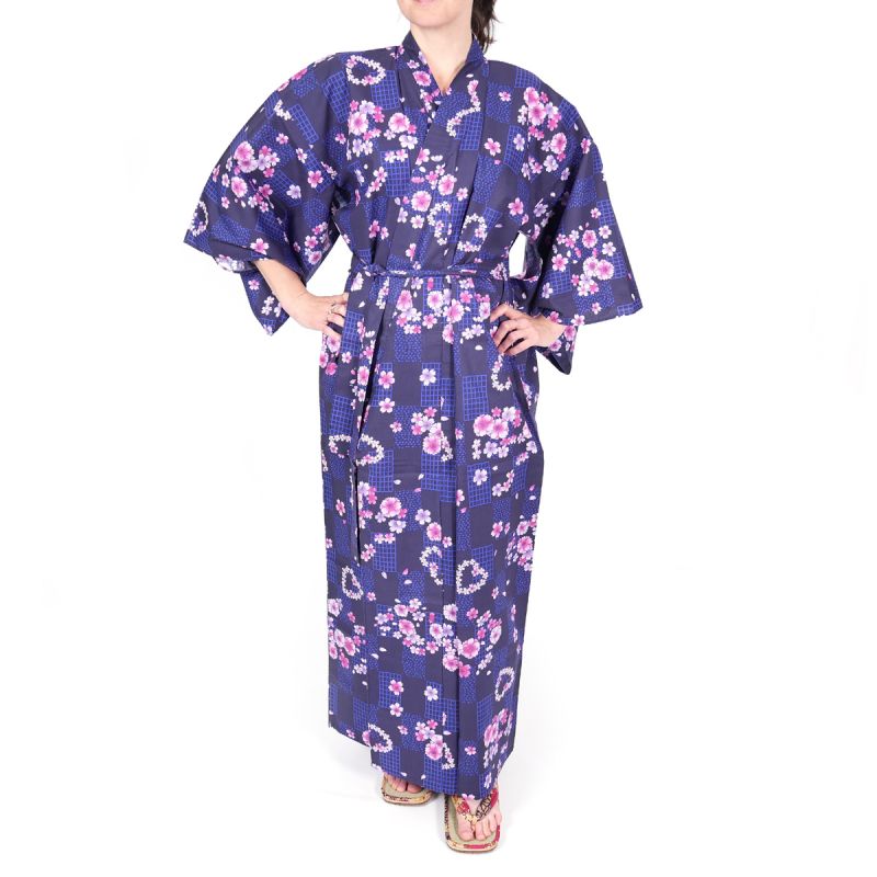 kimono japonais violet en coton pour femme KOMONICHIMATSU-NI-SAKURA