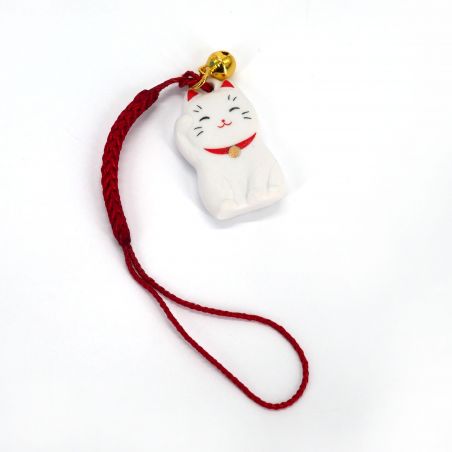 Manekineko Deko-Aufhänger aus weißer Keramik - KINUNRAIFUKU - 3 cm